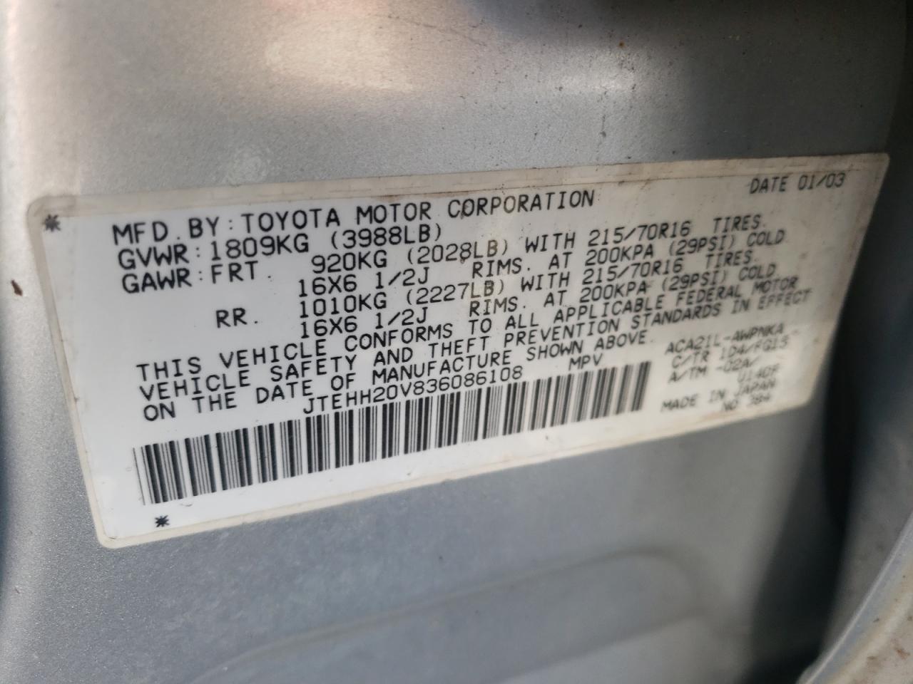 Photo 10 from auction – 2003 TOYOTA RAV4 with VIN JTEHH20V836086108
