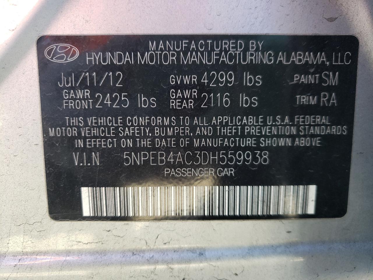 Photo 10 from auction – 2013 HYUNDAI SONATA GLS with VIN 5NPEB4AC3DH559938