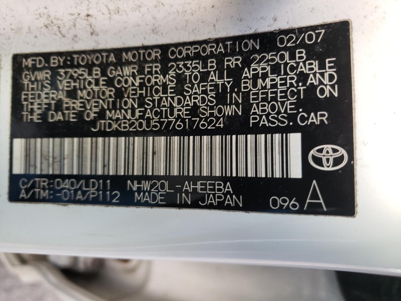 Photo 10 from auction – 2007 TOYOTA PRIUS with VIN JTDKB20U577617624