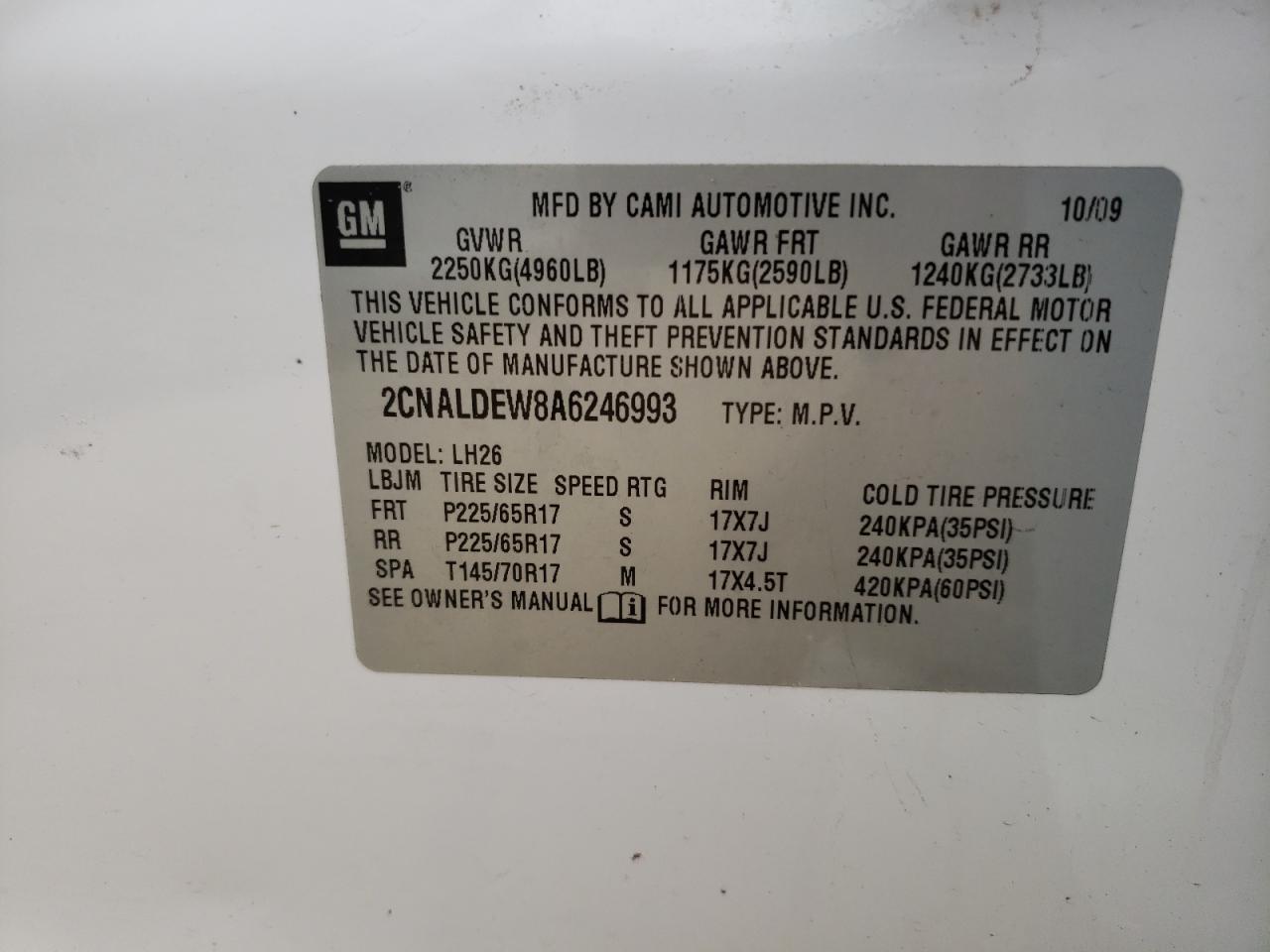 Photo 10 from auction – 2010 CHEVROLET EQUINOX LT with VIN 2CNALDEW8A6246993
