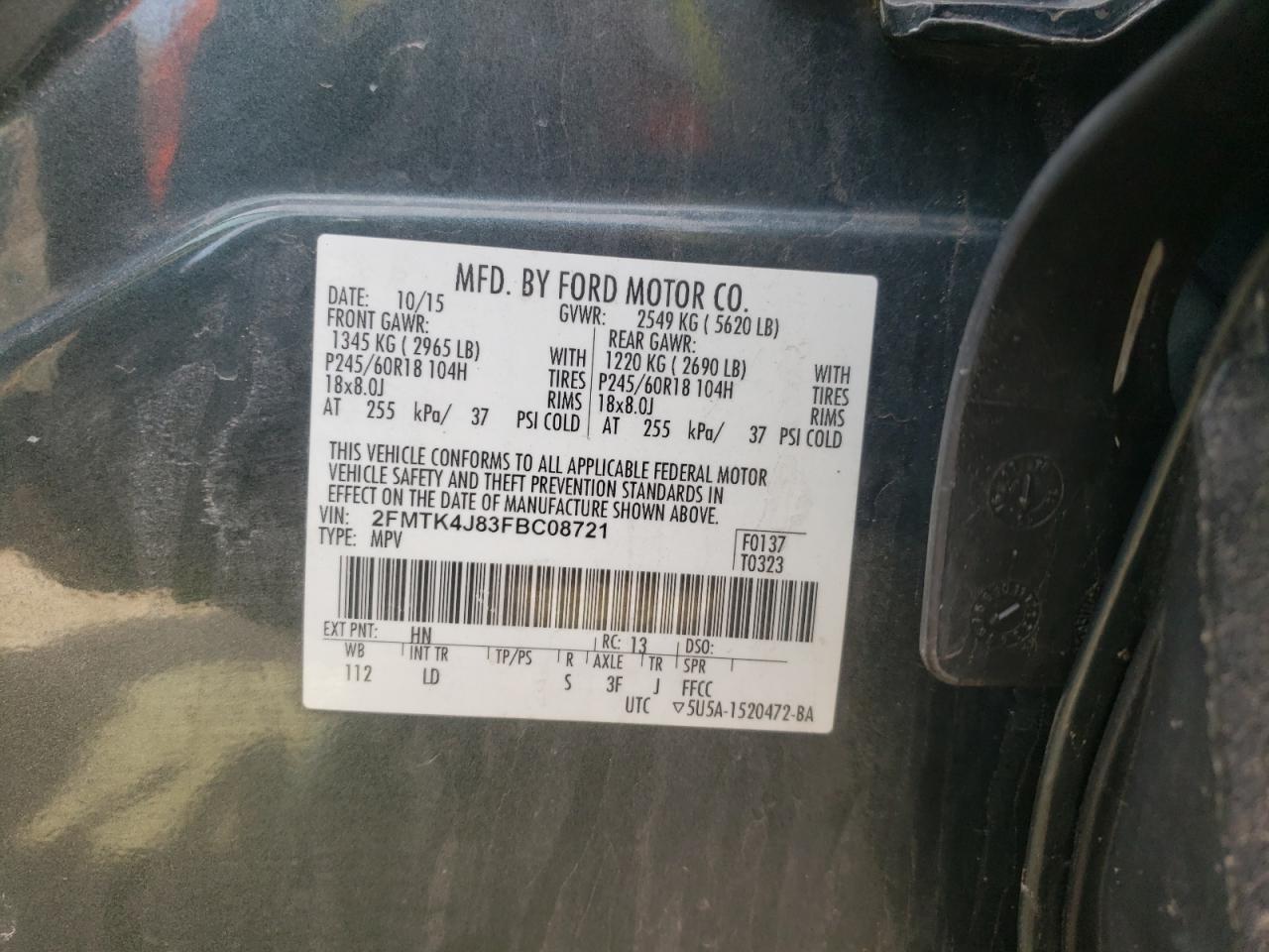 Photo 10 from auction – 2015 FORD EDGE SEL with VIN 2FMTK4J83FBC08721