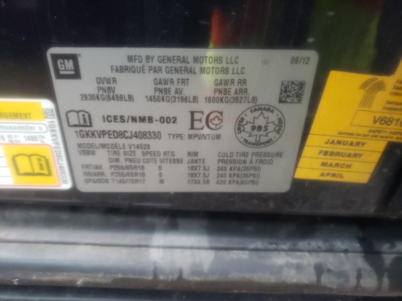 Photo 10 from auction – 2012 GMC ACADIA SLE with VIN 1GKKVPED8CJ408330
