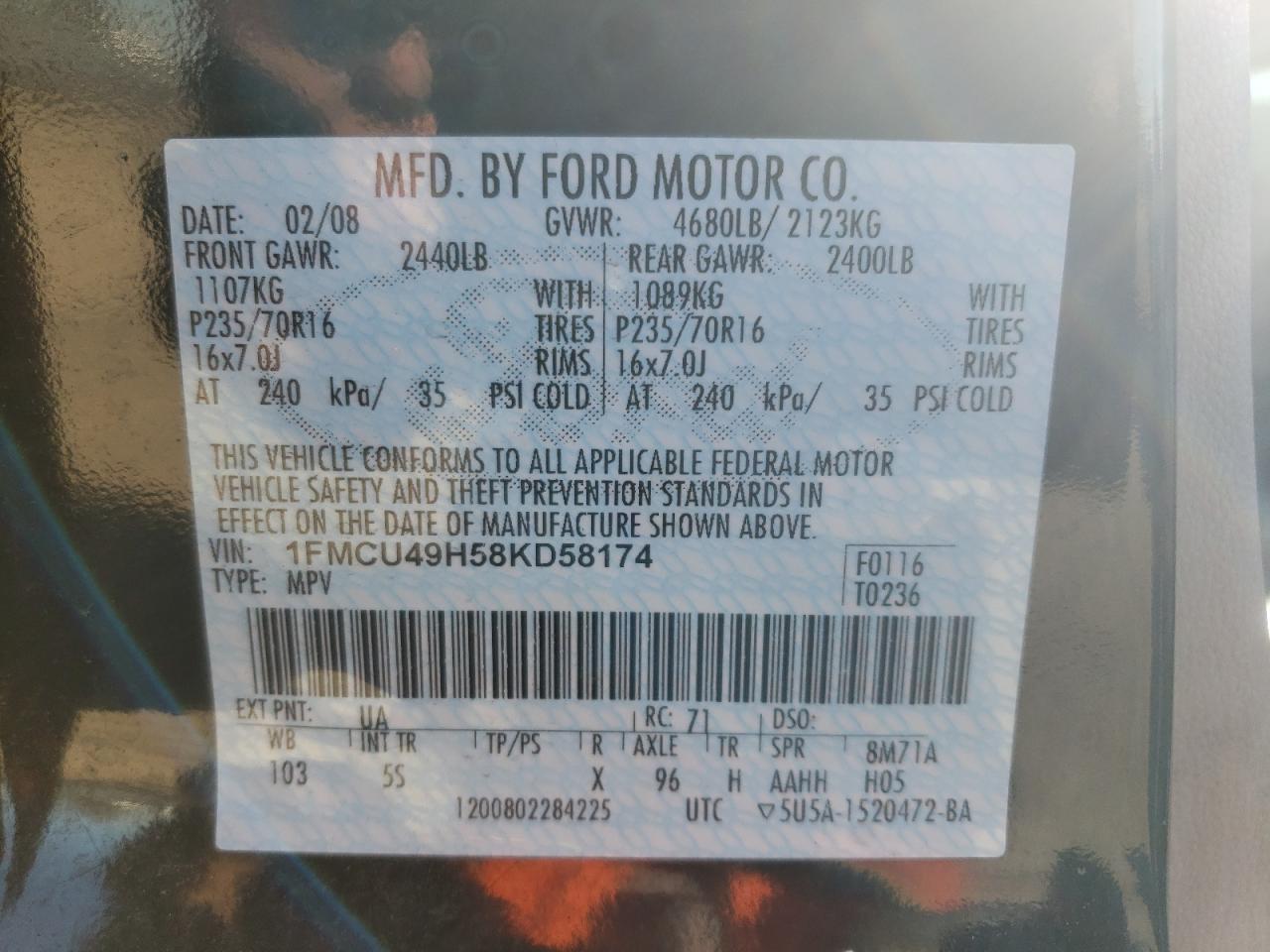 Photo 10 from auction – 2008 FORD ESCAPE HEV with VIN 1FMCU49H58KD58174