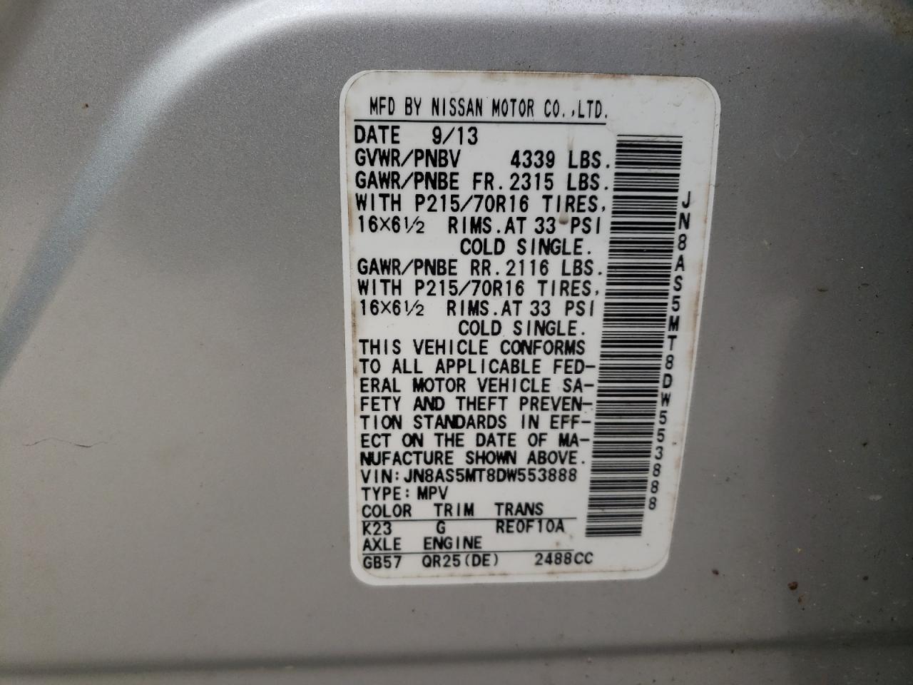 Photo 10 from auction – 2013 NISSAN ROGUE S with VIN JN8AS5MT8DW553888
