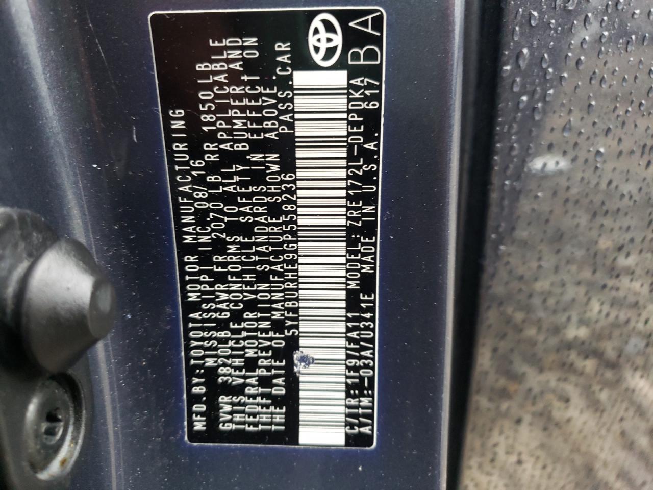 Photo 10 from auction – 2016 TOYOTA COROLLA L with VIN 5YFBURHE9GP558236