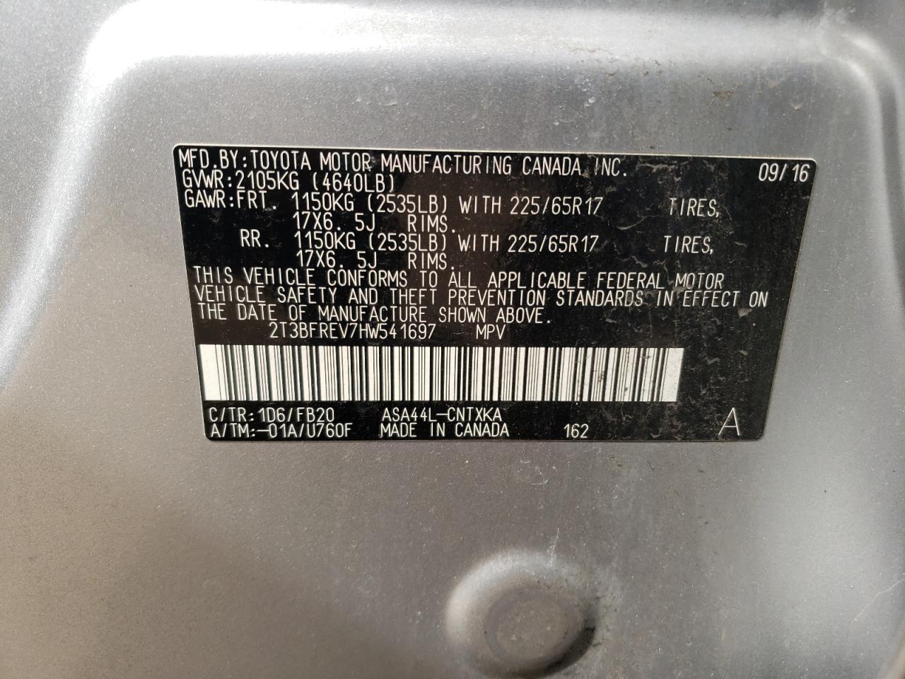 Photo 10 from auction – 2017 TOYOTA RAV4 LE with VIN 2T3BFREV7HW541697