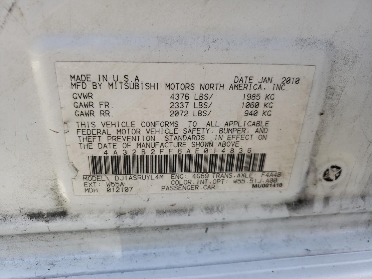 Photo 10 from auction – 2010 MITSUBISHI GALANT FE with VIN 4A32B2FF6AE014836