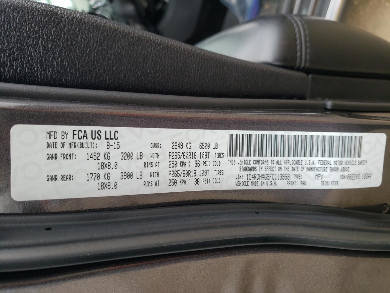 Photo 10 from auction – 2015 DODGE DURANGO SX with VIN 1C4RDHAG9FC113958