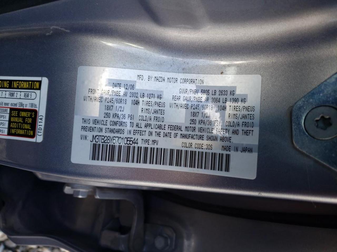 Photo 10 from auction – 2007 MAZDA CX-9 with VIN JM3TB28Y670105544