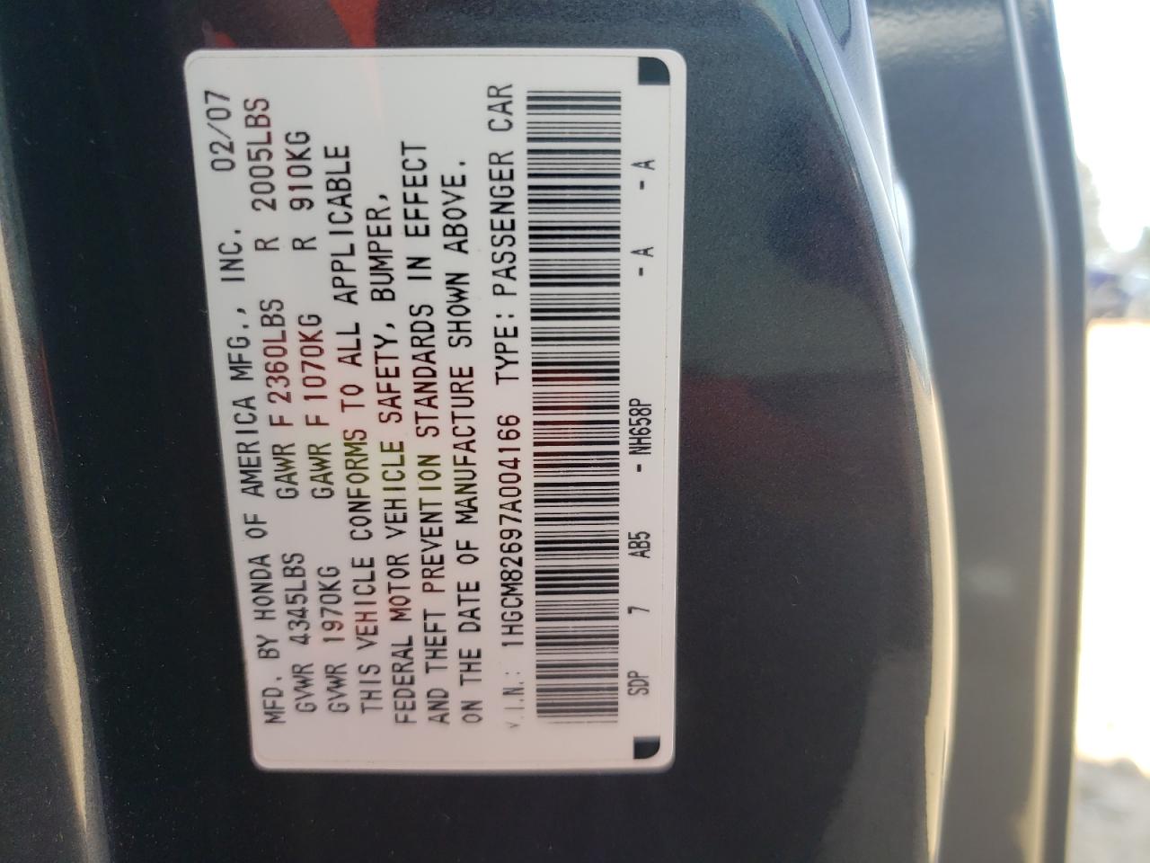 Photo 10 from auction – 2007 HONDA ACCORD EX with VIN 1HGCM82697A004166
