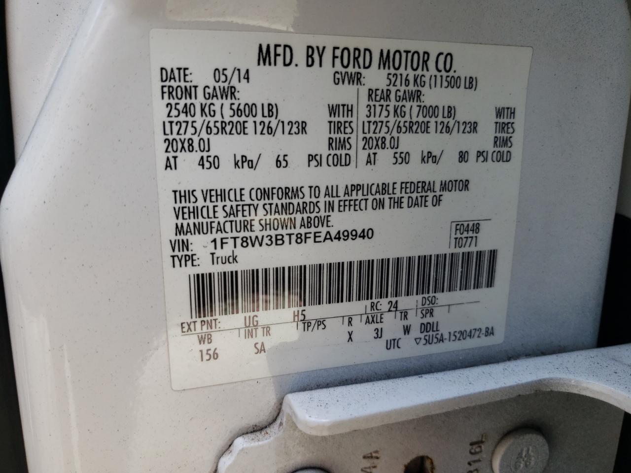 Photo 10 from auction – 2015 FORD F350 SUPER with VIN 1FT8W3BT8FEA49940