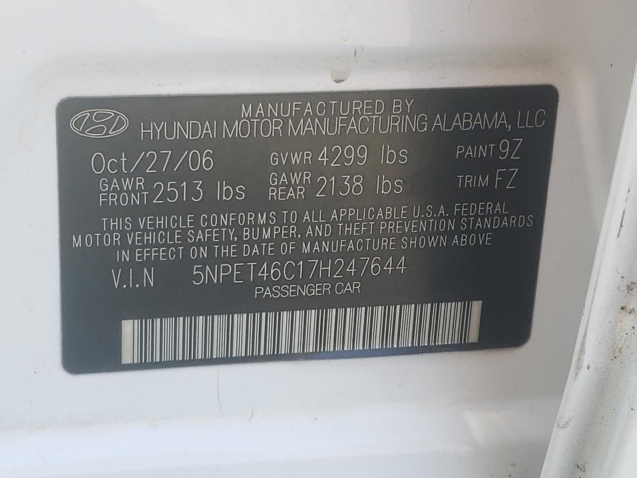 Photo 10 from auction – 2007 HYUNDAI SONATA GLS with VIN 5NPET46C17H247644
