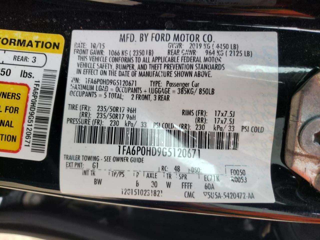 Photo 10 from auction – 2016 FORD FUSION SE with VIN 1FA6P0HD9G5120671
