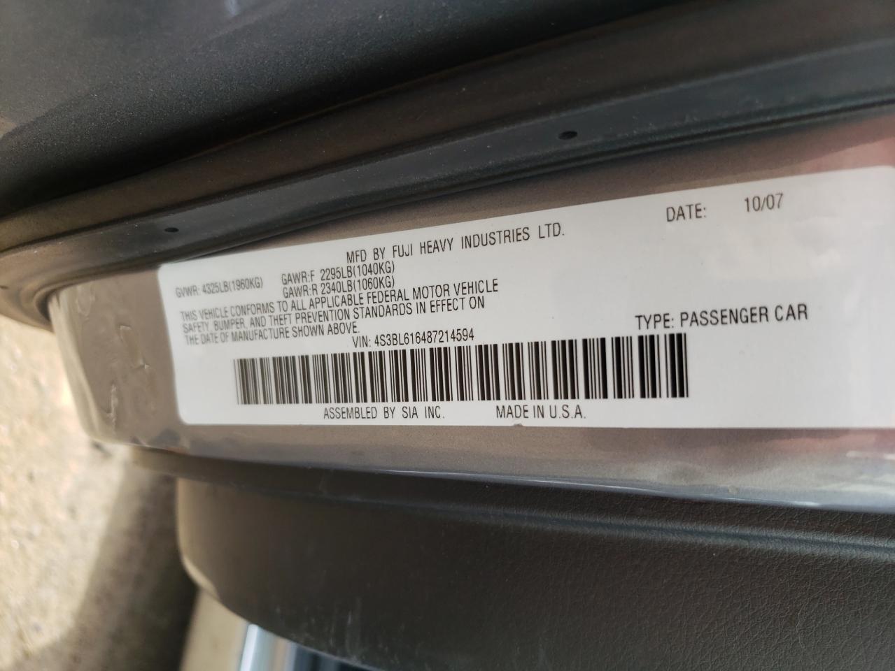 Photo 10 from auction – 2008 SUBARU LEGACY 2.5 with VIN 4S3BL616487214594