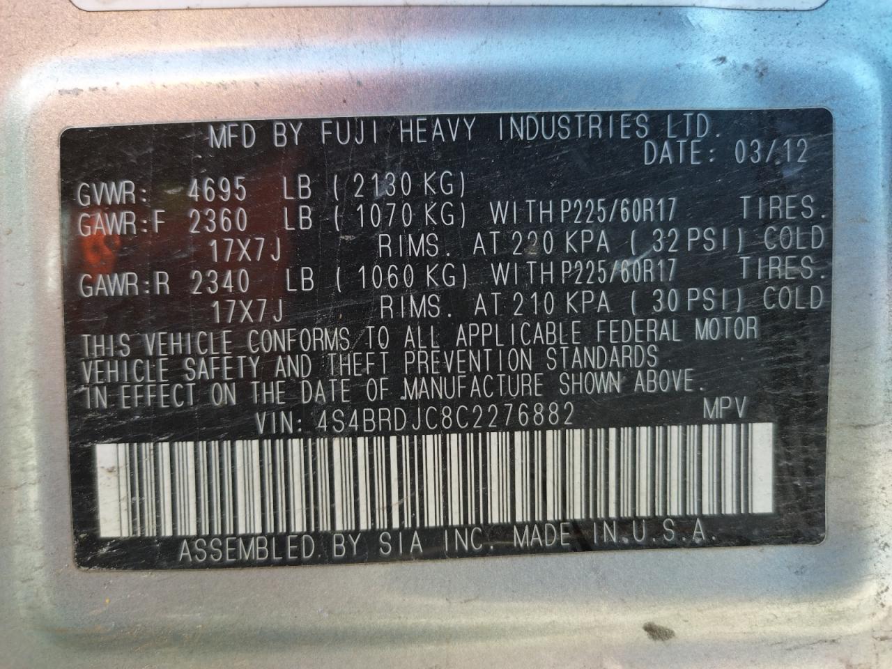 Photo 10 from auction – 2012 SUBARU OUTBACK 3. with VIN 4S4BRDJC8C2276882