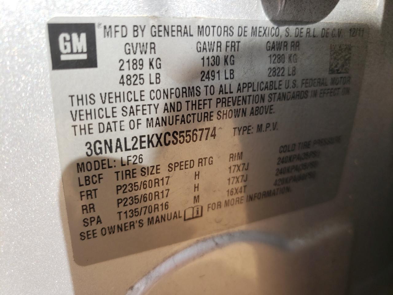 Photo 10 from auction – 2012 CHEVROLET CAPTIVA SP with VIN 3GNAL2EKXCS556774