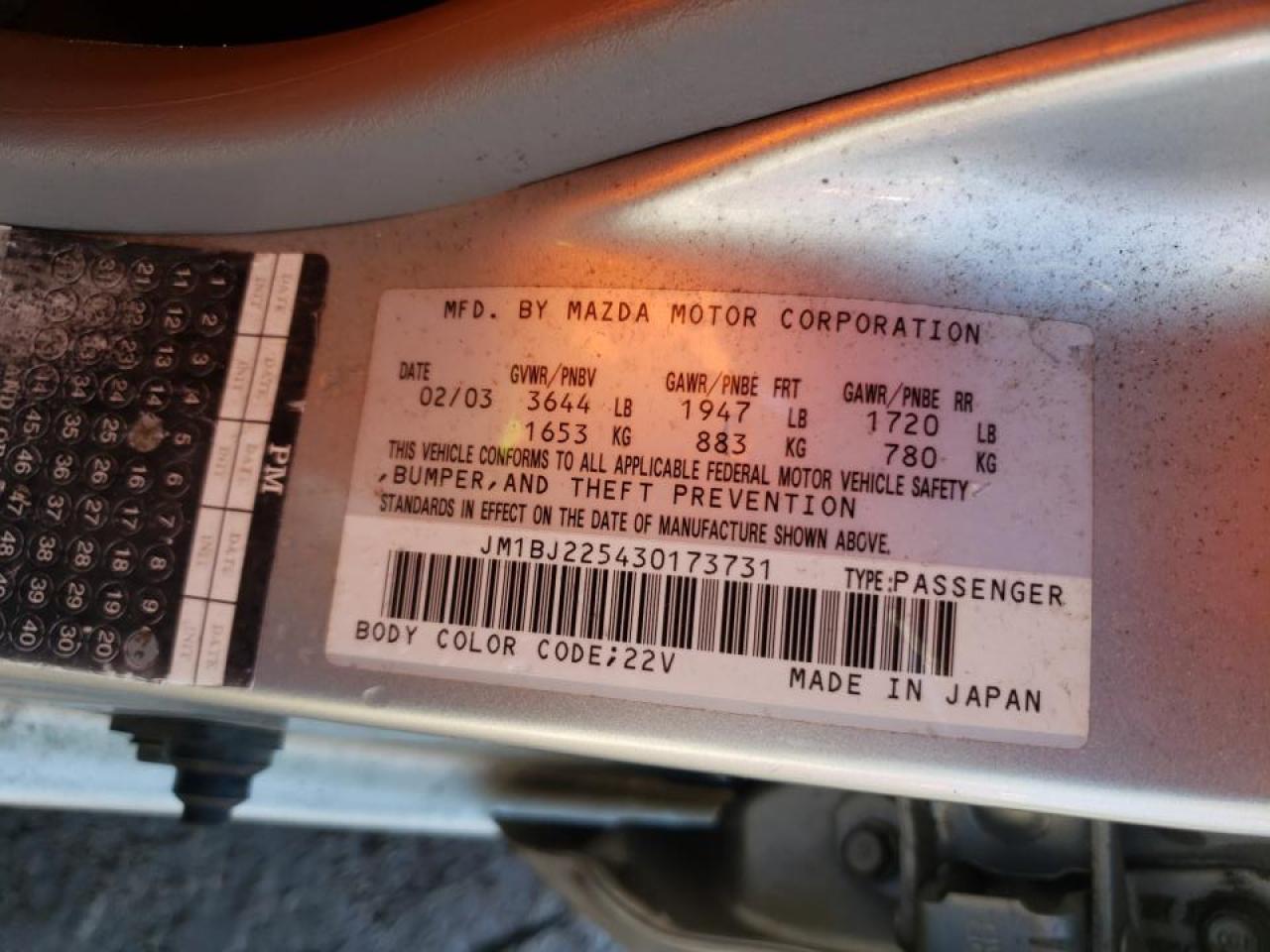 Photo 10 from auction – 2003 MAZDA PROTEGE with VIN JM1BJ225430173731