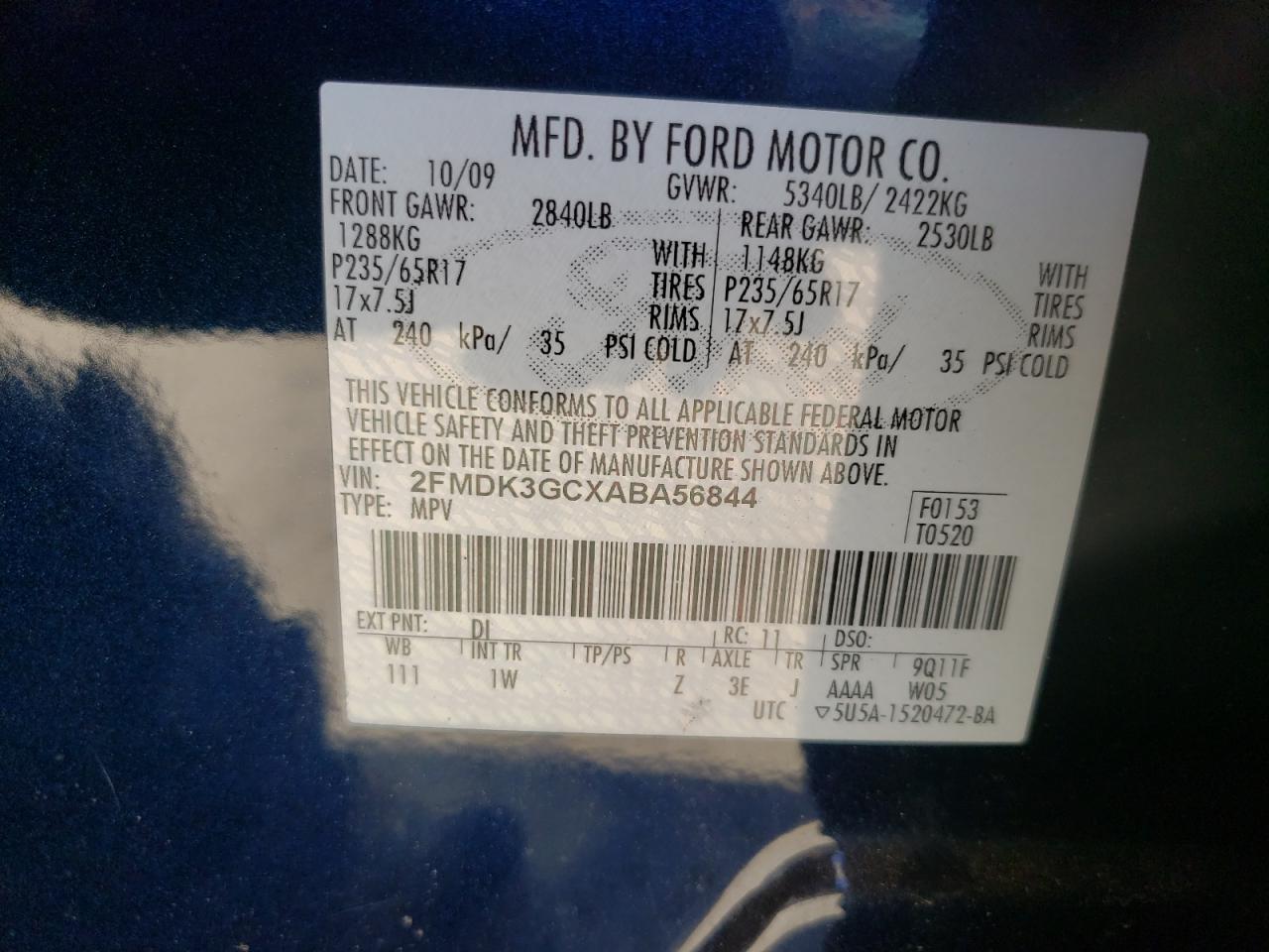 Photo 10 from auction – 2010 FORD EDGE SE with VIN 2FMDK3GCXABA56844