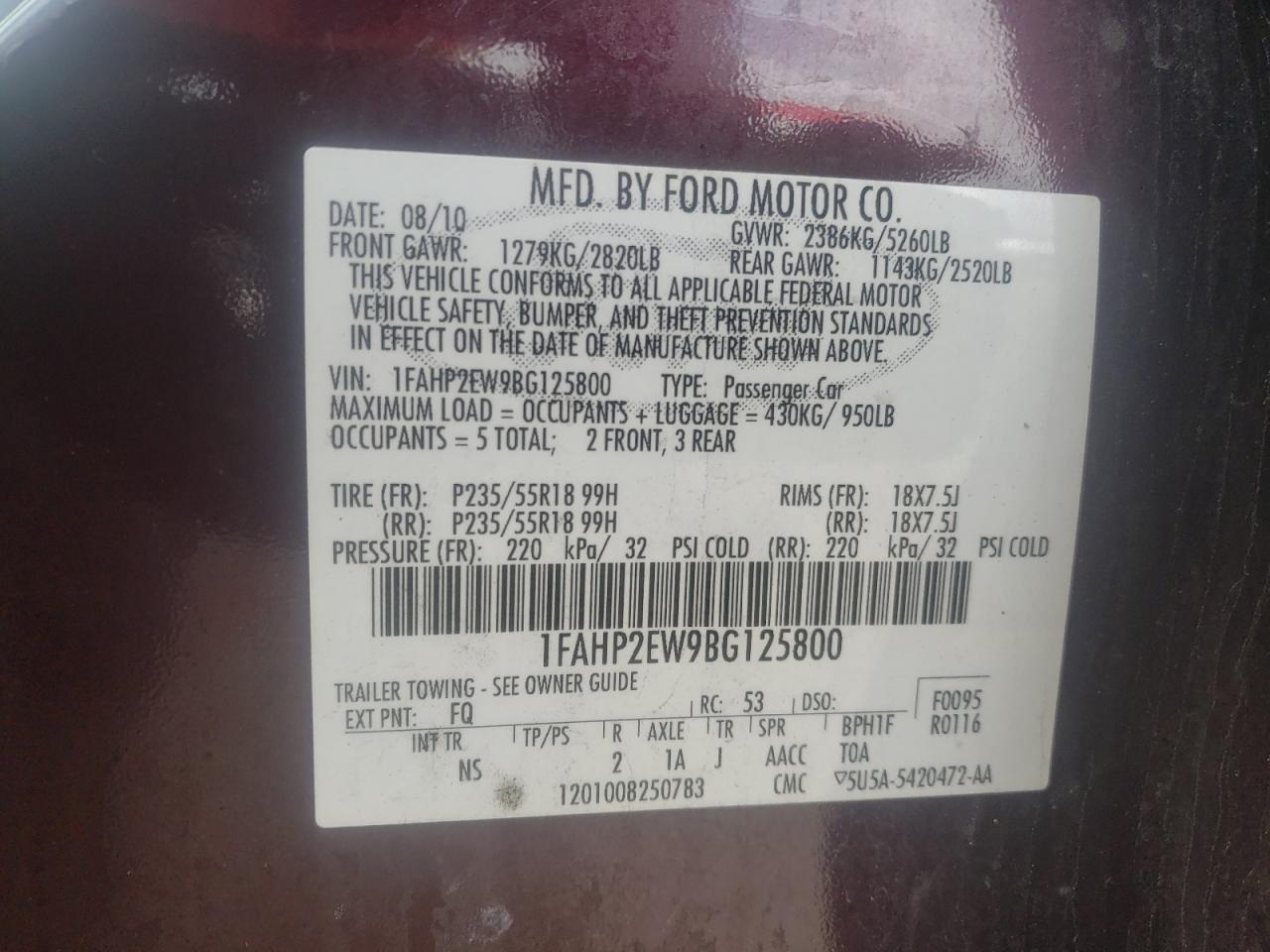Photo 10 from auction – 2011 FORD TAURUS with VIN 1FAHP2EW9BG125800