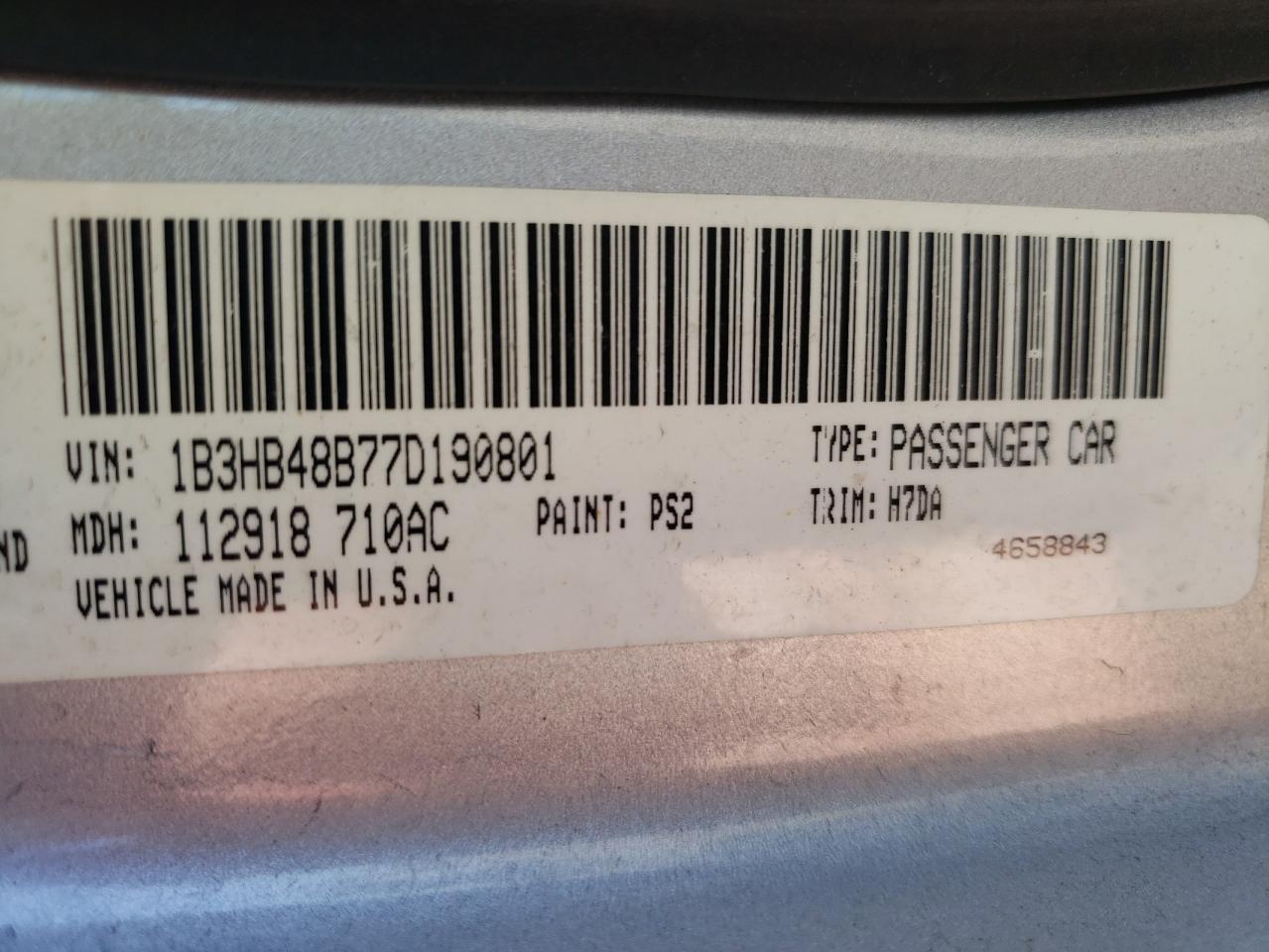 Photo 10 from auction – 2007 DODGE CALIBER SX with VIN 1B3HB48B77D190801
