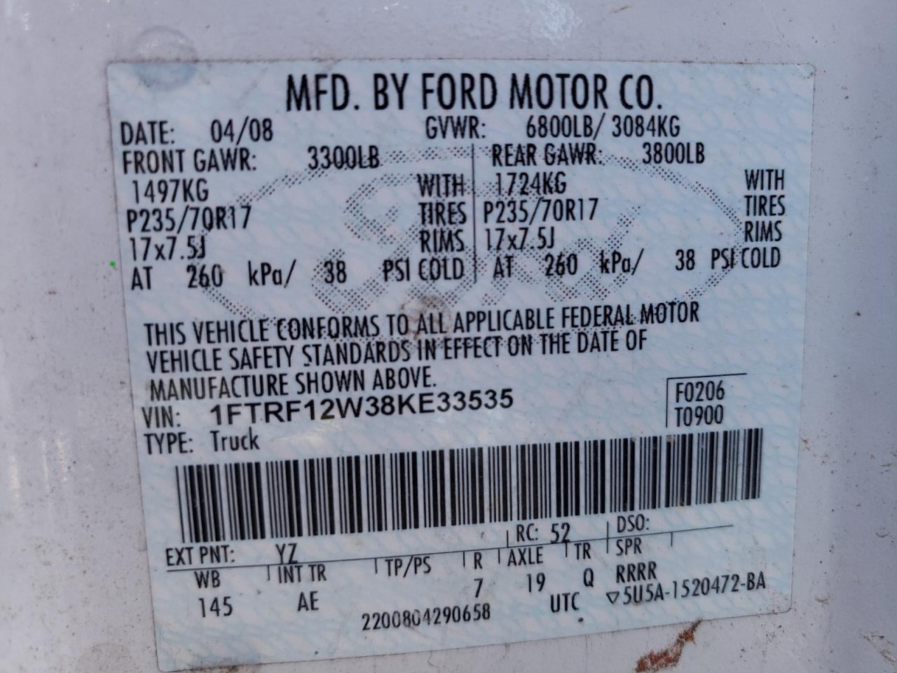 Photo 10 from auction – 2008 FORD F150 with VIN 1FTRF12W38KE33535