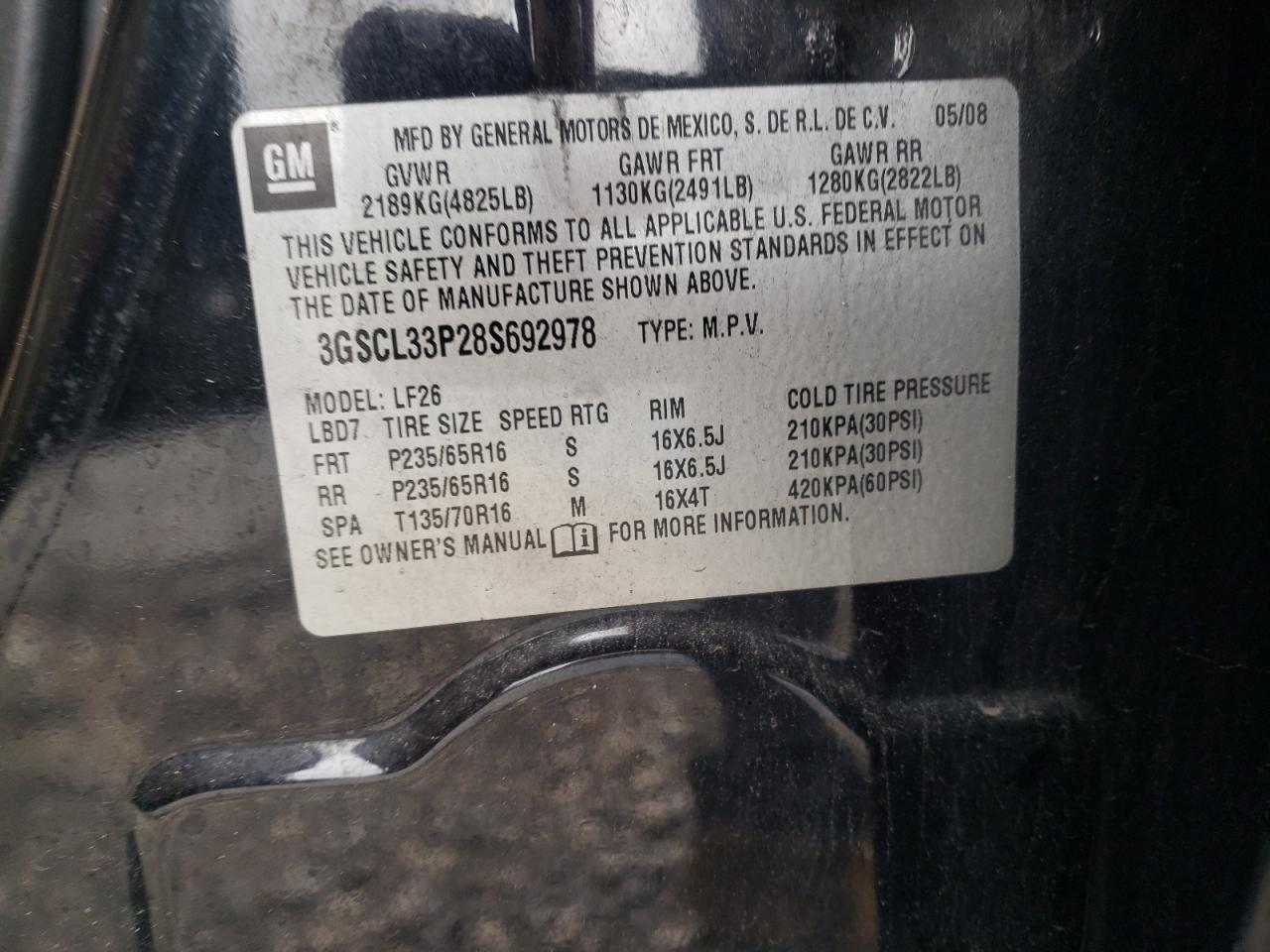 Photo 10 from auction – 2008 SATURN VUE XE with VIN 3GSCL33P28S692978