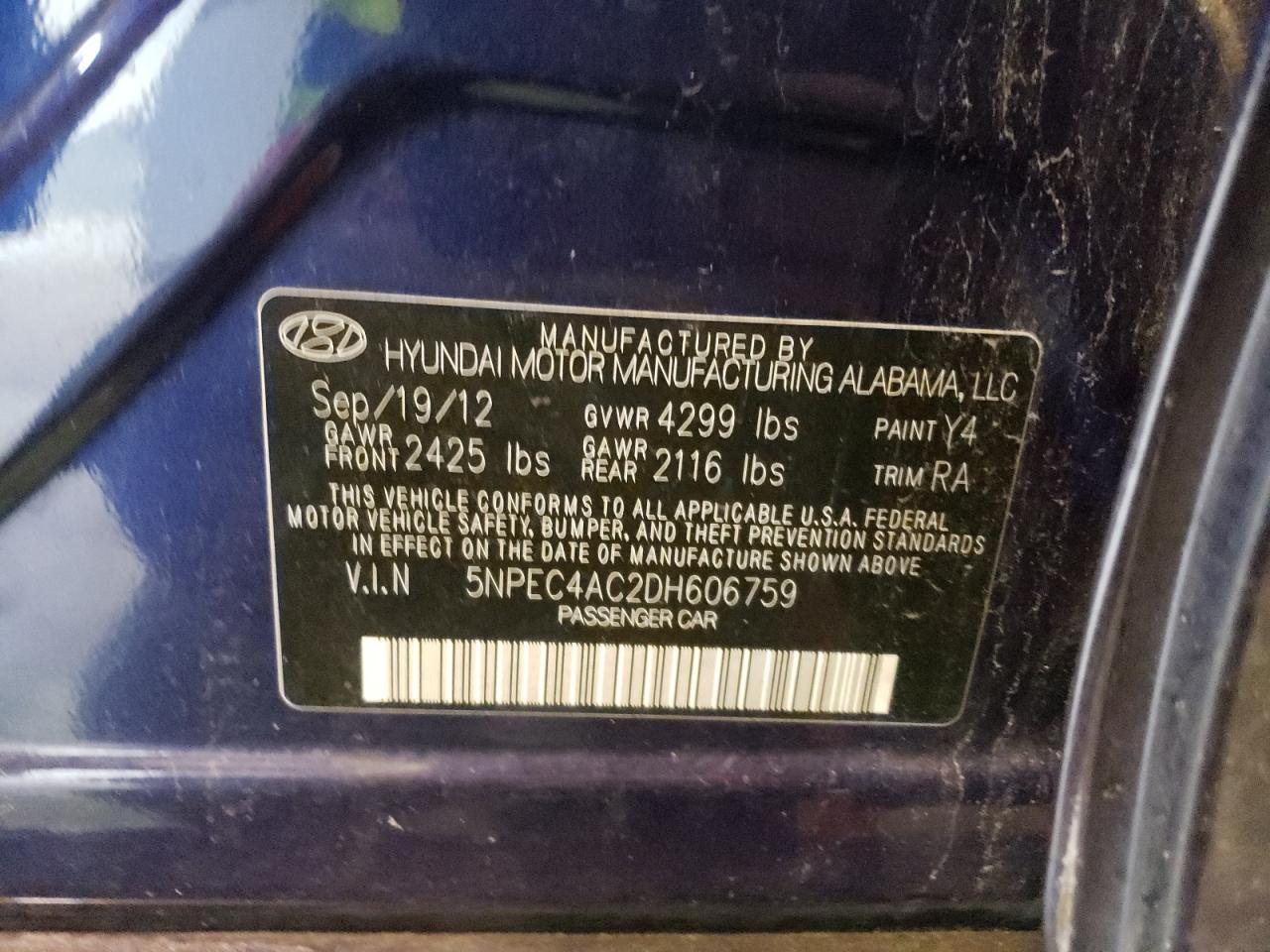 Photo 10 from auction – 2013 HYUNDAI SONATA SE with VIN 5NPEC4AC2DH606759