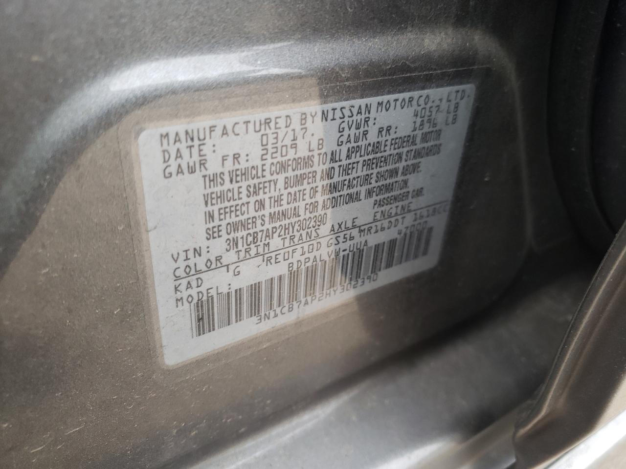 Photo 10 from auction – 2017 NISSAN SENTRA SR with VIN 3N1CB7AP2HY302390