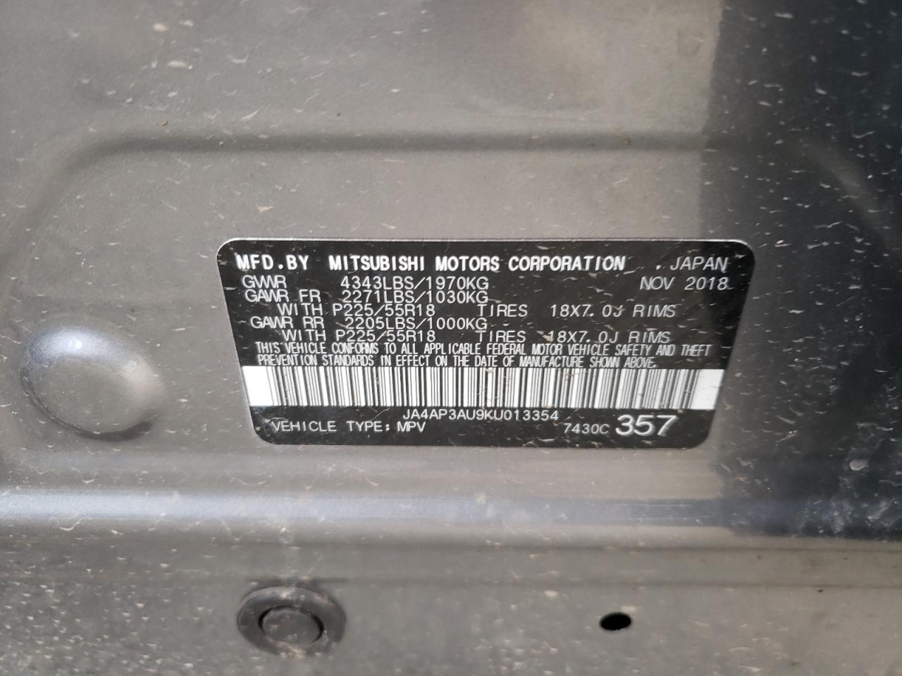 Photo 10 from auction – 2019 MITSUBISHI OUTLANDER with VIN JA4AP3AU9KU013354