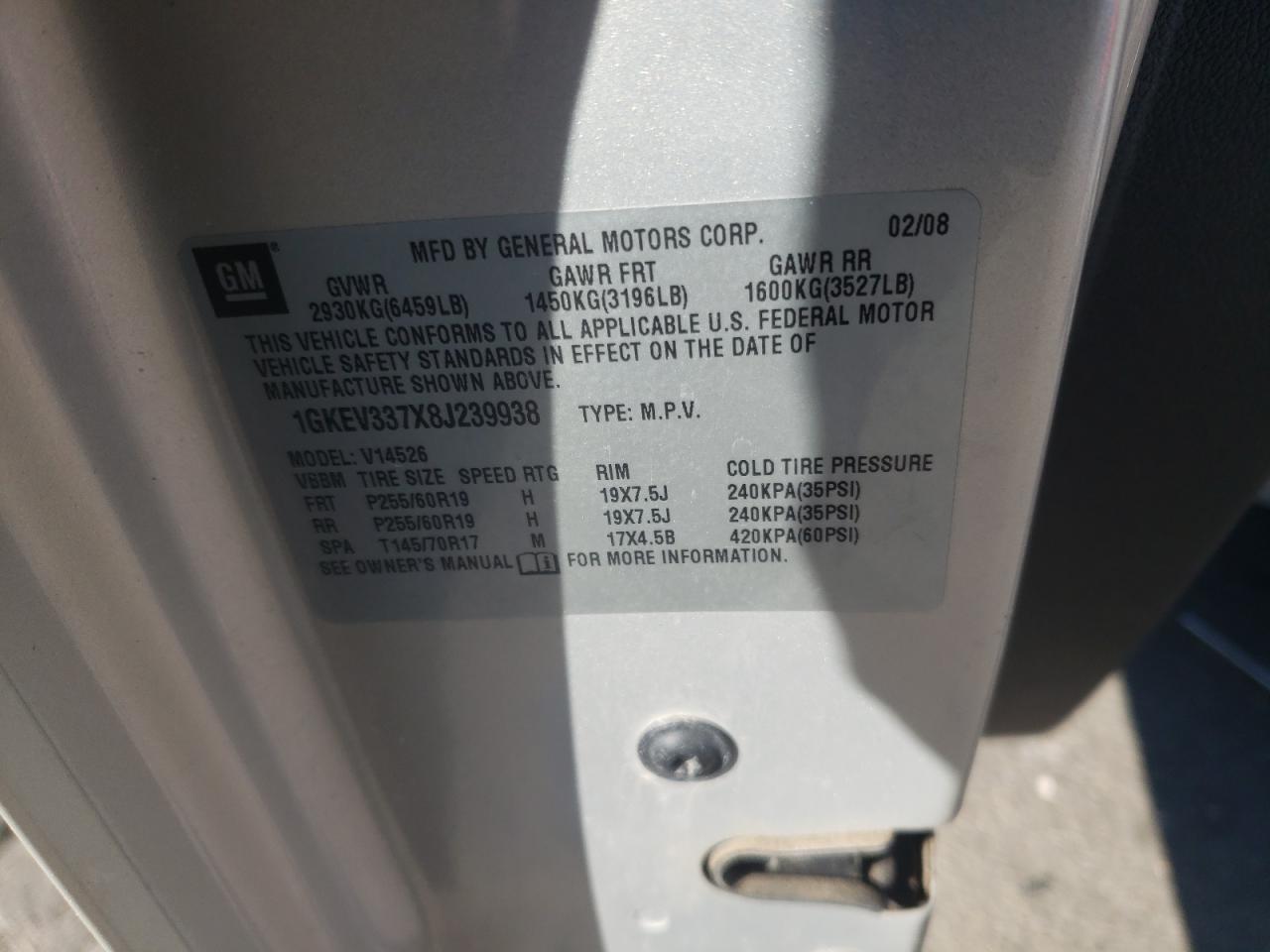 Photo 10 from auction – 2008 GMC ACADIA SLT with VIN 1GKEV337X8J239938