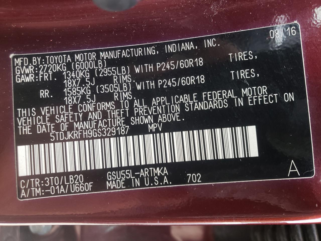 Photo 10 from auction – 2016 TOYOTA HIGHLANDER with VIN 5TDJKRFH9GS329187