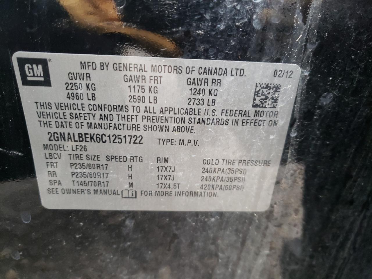 Photo 10 from auction – 2012 CHEVROLET EQUINOX LS with VIN 2GNALBEK6C1251722
