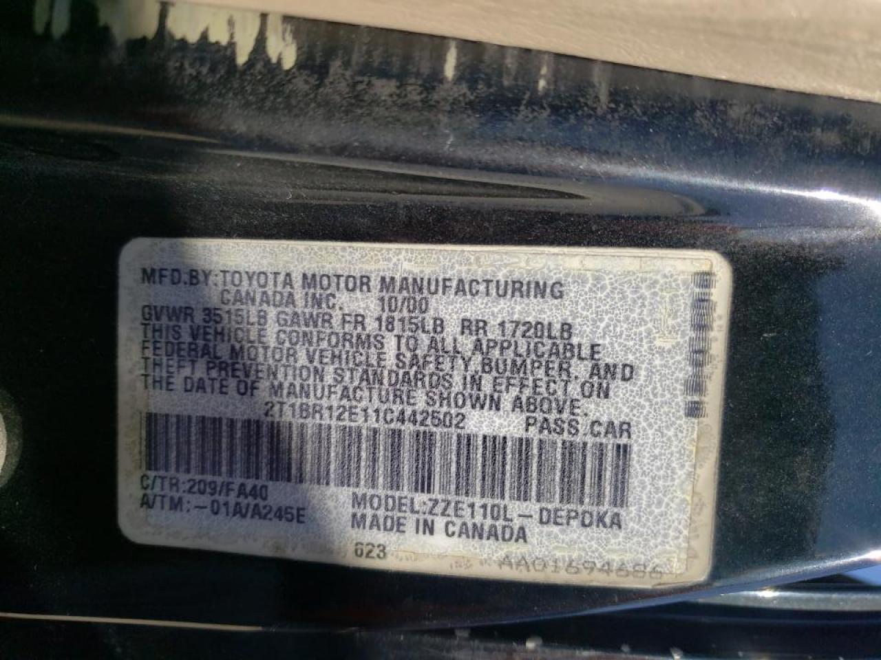 Photo 10 from auction – 2001 TOYOTA COROLLA with VIN 2T1BR12E11C442502