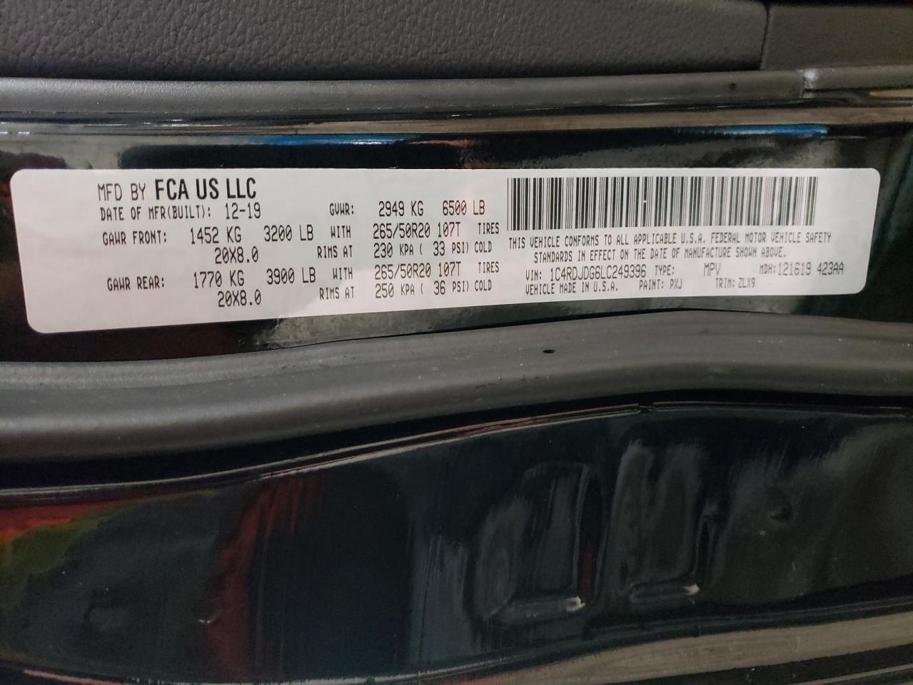 Photo 10 from auction – 2020 DODGE DURANGO GT with VIN 1C4RDJDG6LC249396