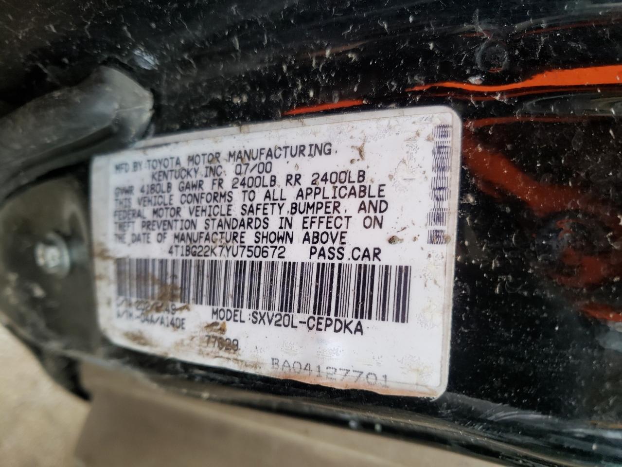 Photo 10 from auction – 2000 TOYOTA CAMRY CE with VIN 4T1BG22K7YU750672