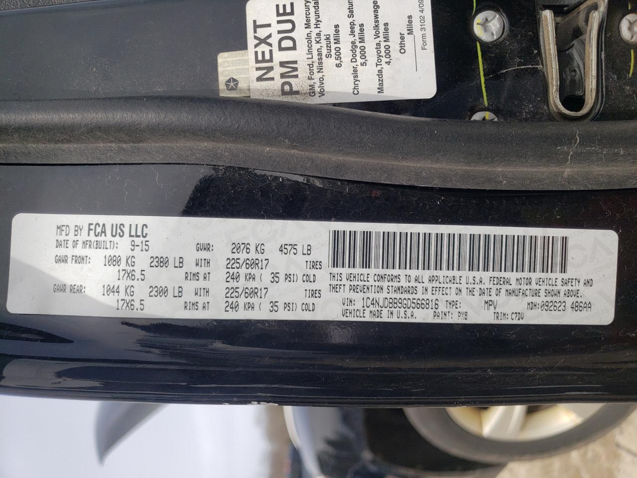 Photo 10 from auction – 2016 JEEP COMPASS SP with VIN 1C4NJDBB9GD566816