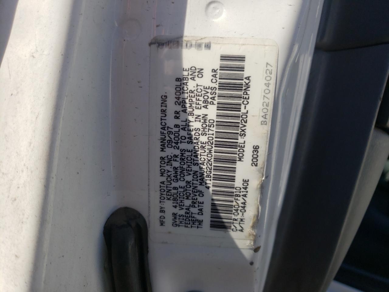 Photo 10 from auction – 1998 TOYOTA CAMRY CE with VIN 4T1BG22K0WU201750