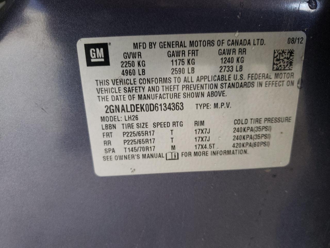 Photo 10 from auction – 2013 CHEVROLET EQUINOX LT with VIN 2GNALDEK0D6134363