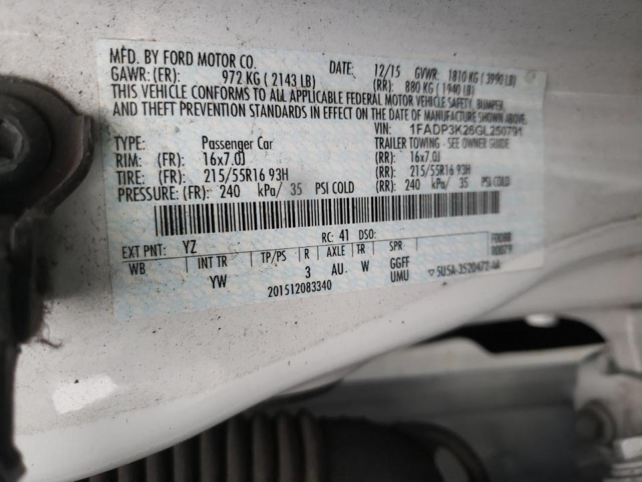 Photo 10 from auction – 2016 FORD FOCUS SE with VIN 1FADP3K26GL250791