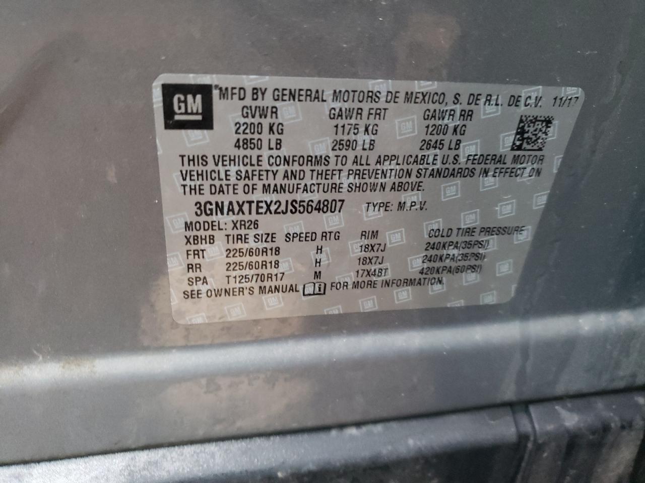 Photo 10 from auction – 2018 CHEVROLET EQUINOX LT with VIN 3GNAXTEX2JS564807