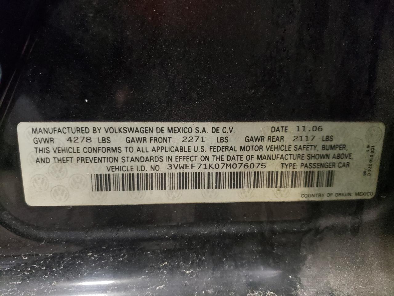 Photo 10 from auction – 2007 VOLKSWAGEN JETTA WOLF with VIN 3VWEF71K07M076075