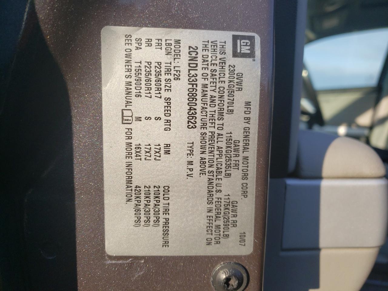 Photo 10 from auction – 2008 CHEVROLET EQUINOX LT with VIN 2CNDL33F686043623