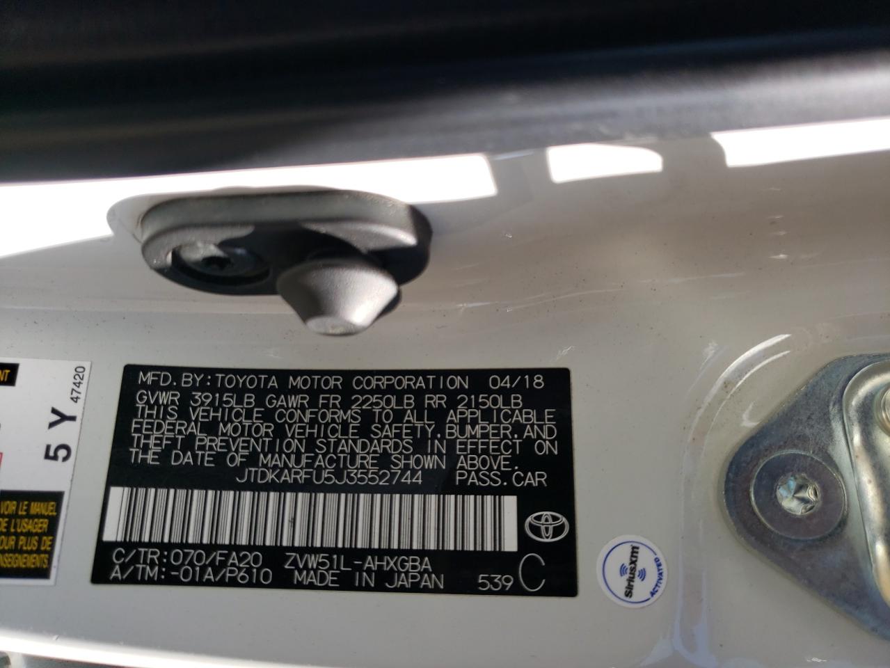 Photo 10 from auction – 2018 TOYOTA PRIUS with VIN JTDKARFU5J3552744