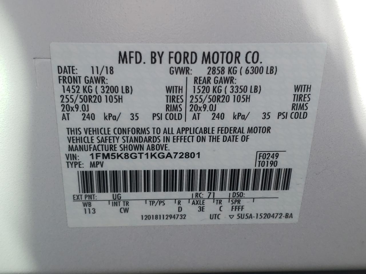 Photo 10 from auction – 2019 FORD EXPLORER S with VIN 1FM5K8GT1KGA72801