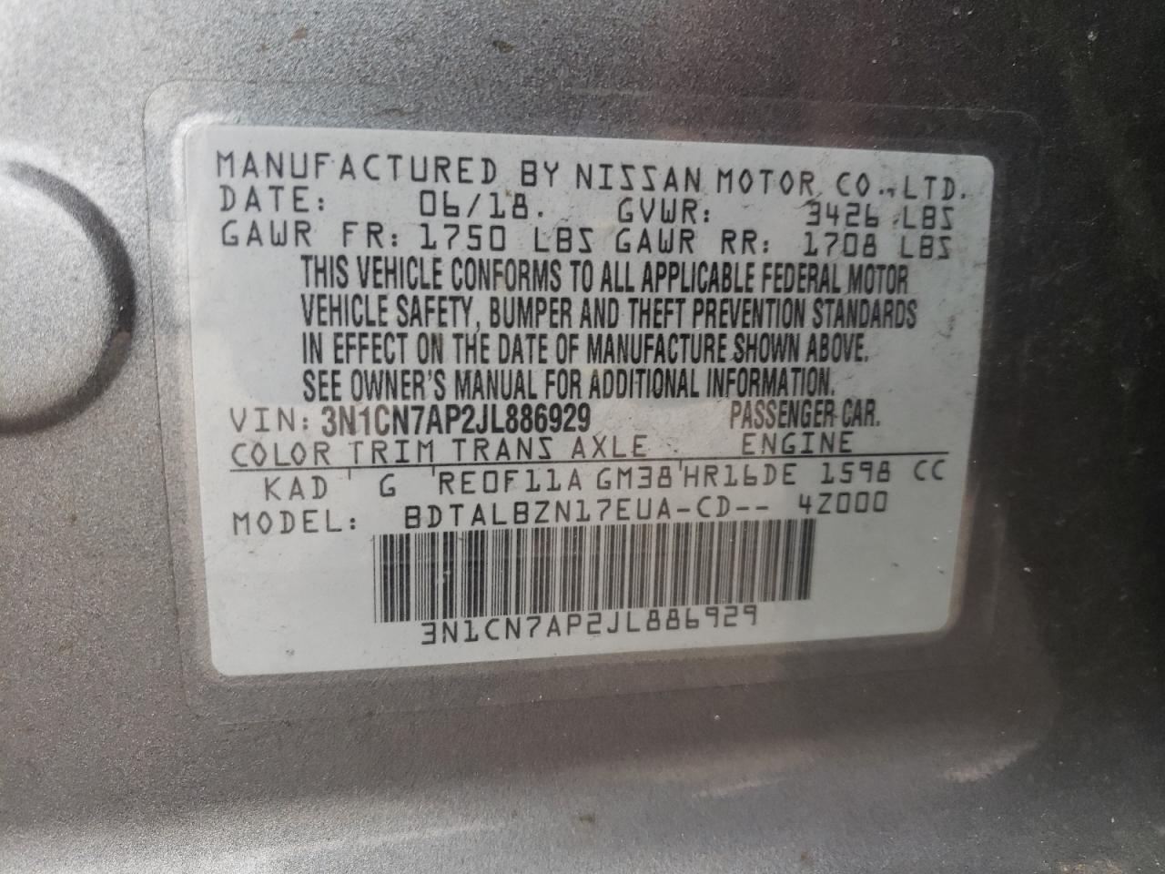 Photo 10 from auction – 2018 NISSAN VERSA S with VIN 3N1CN7AP2JL886929