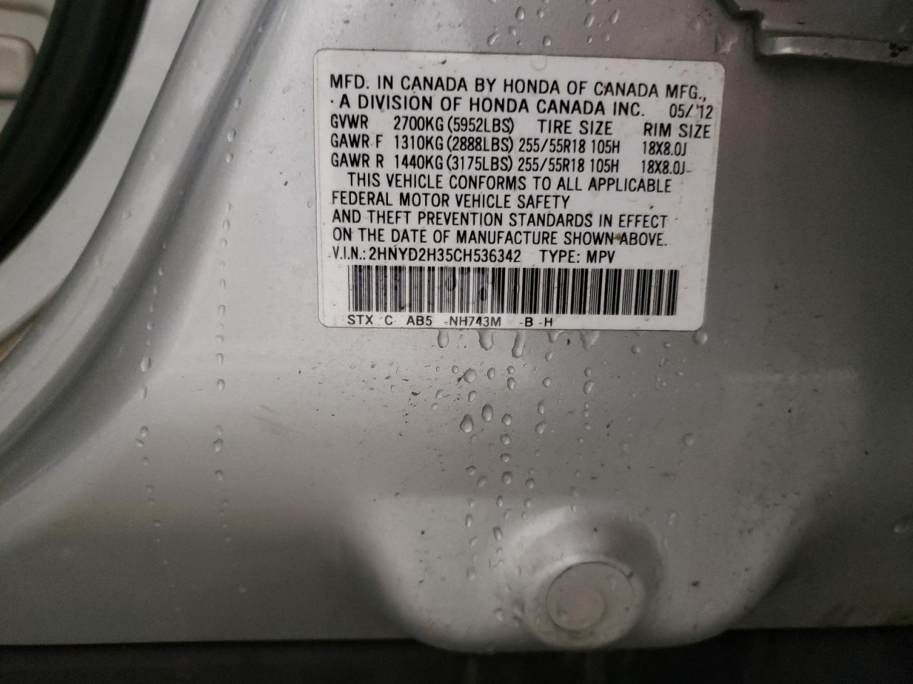 Photo 10 from auction – 2012 ACURA MDX TECHNO with VIN 2HNYD2H35CH536342