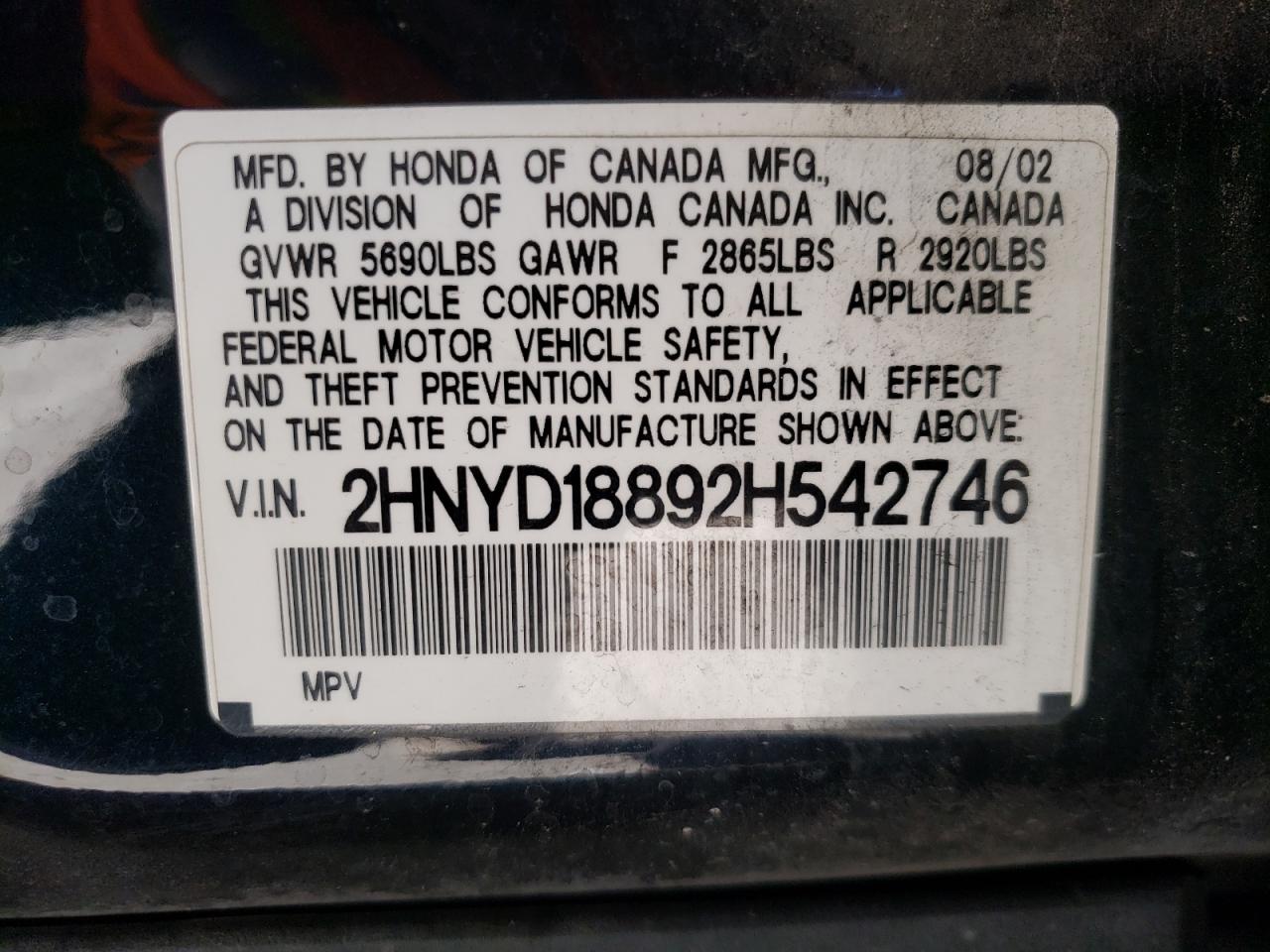Zdjęcie 10 z aukcji – 2002 ACURA MDX z VIN 2HNYD18892H542746