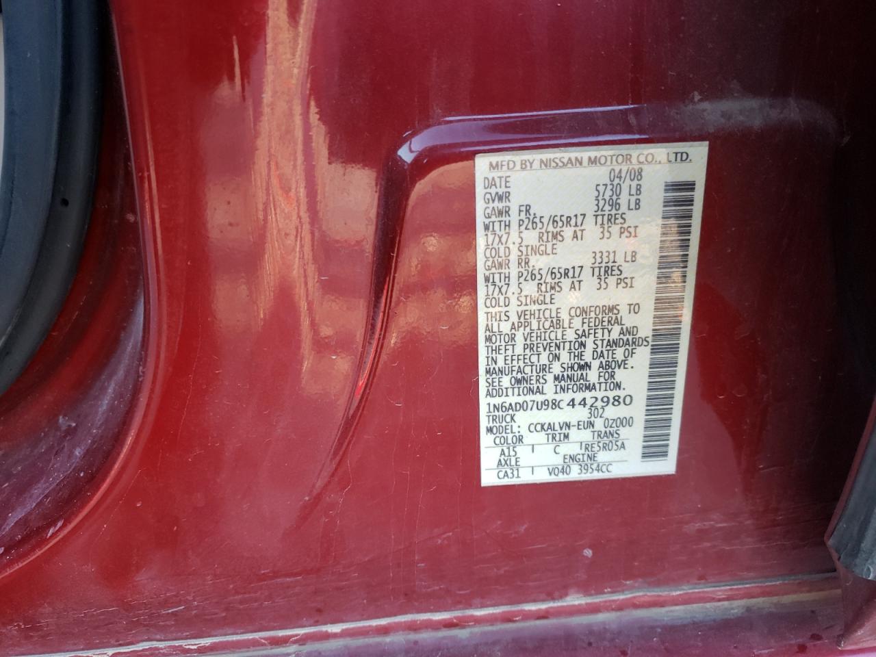 Photo 10 from auction – 2008 NISSAN FRONTIER C with VIN 1N6AD07U98C442980