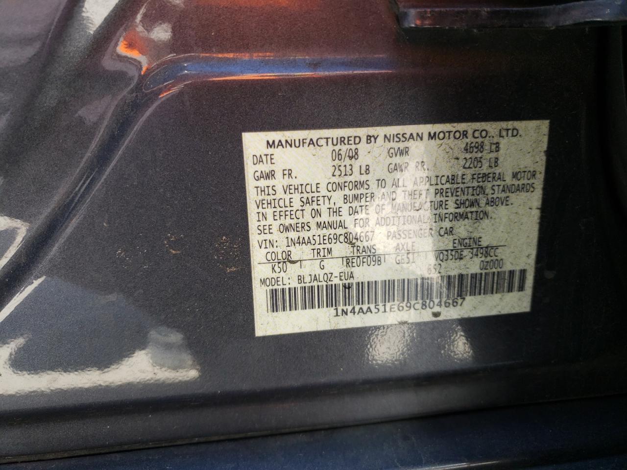 Photo 10 from auction – 2009 NISSAN MAXIMA S with VIN 1N4AA51E69C804667