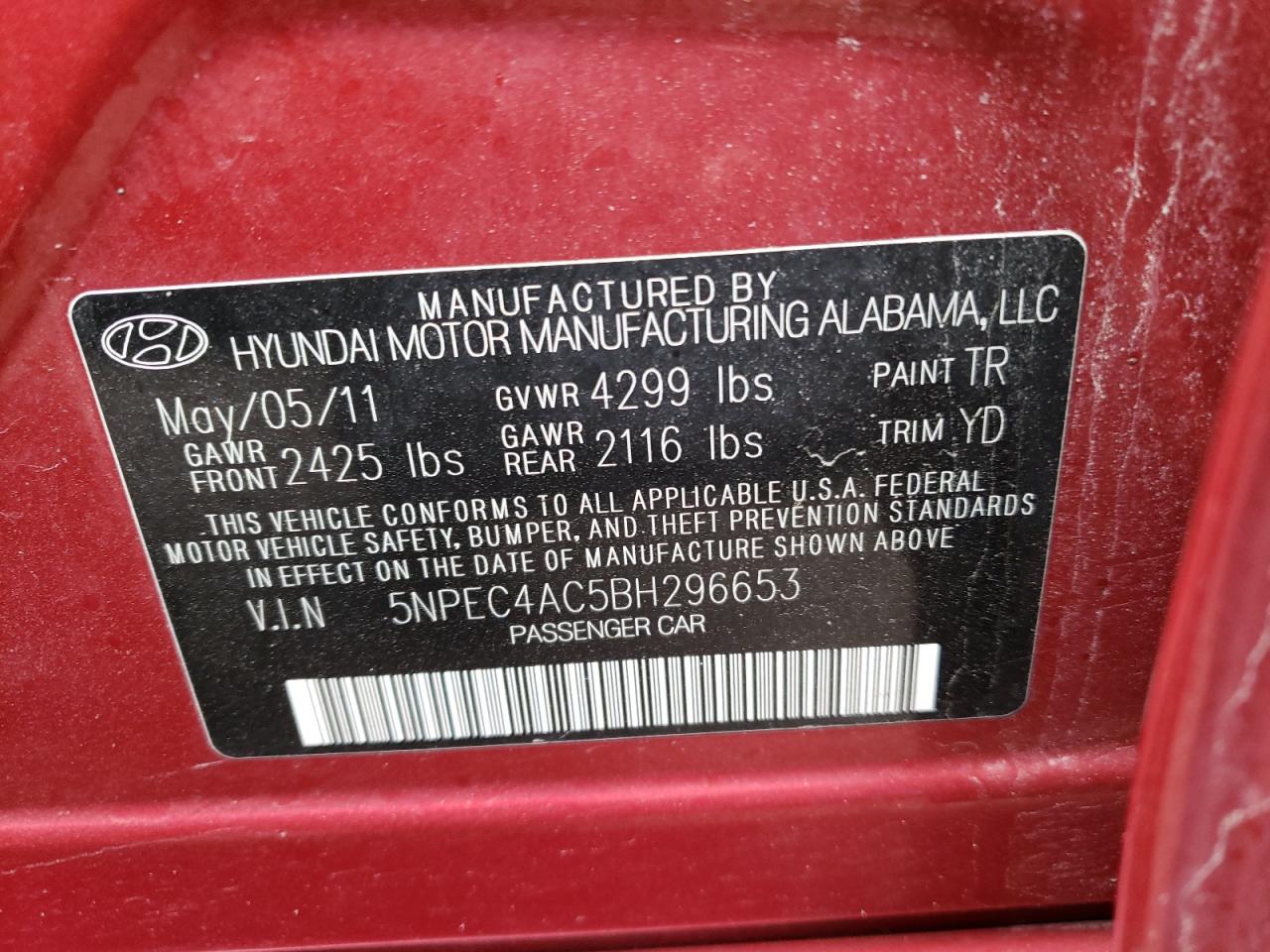 Photo 10 from auction – 2011 HYUNDAI SONATA SE with VIN 5NPEC4AC5BH296653
